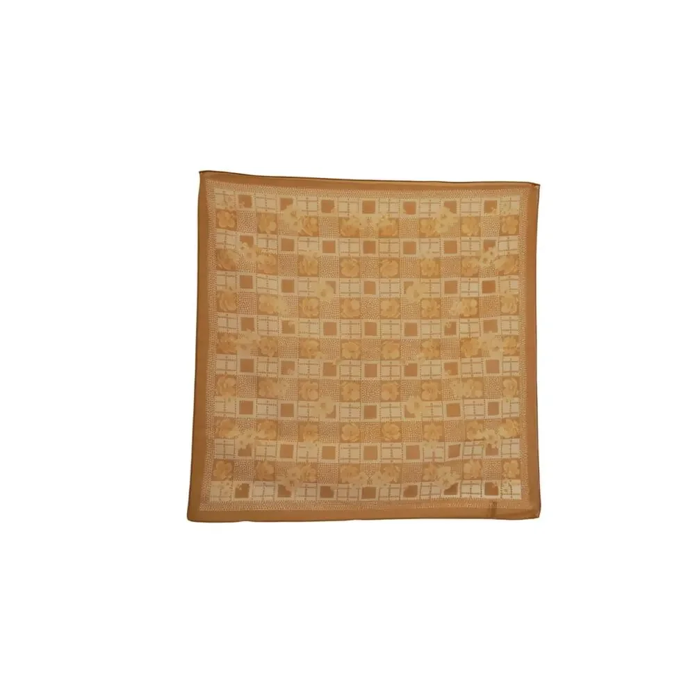 Vintage Sheer Silk Scarf Camel Beige Floral Grid Checkered Square Neckerchief